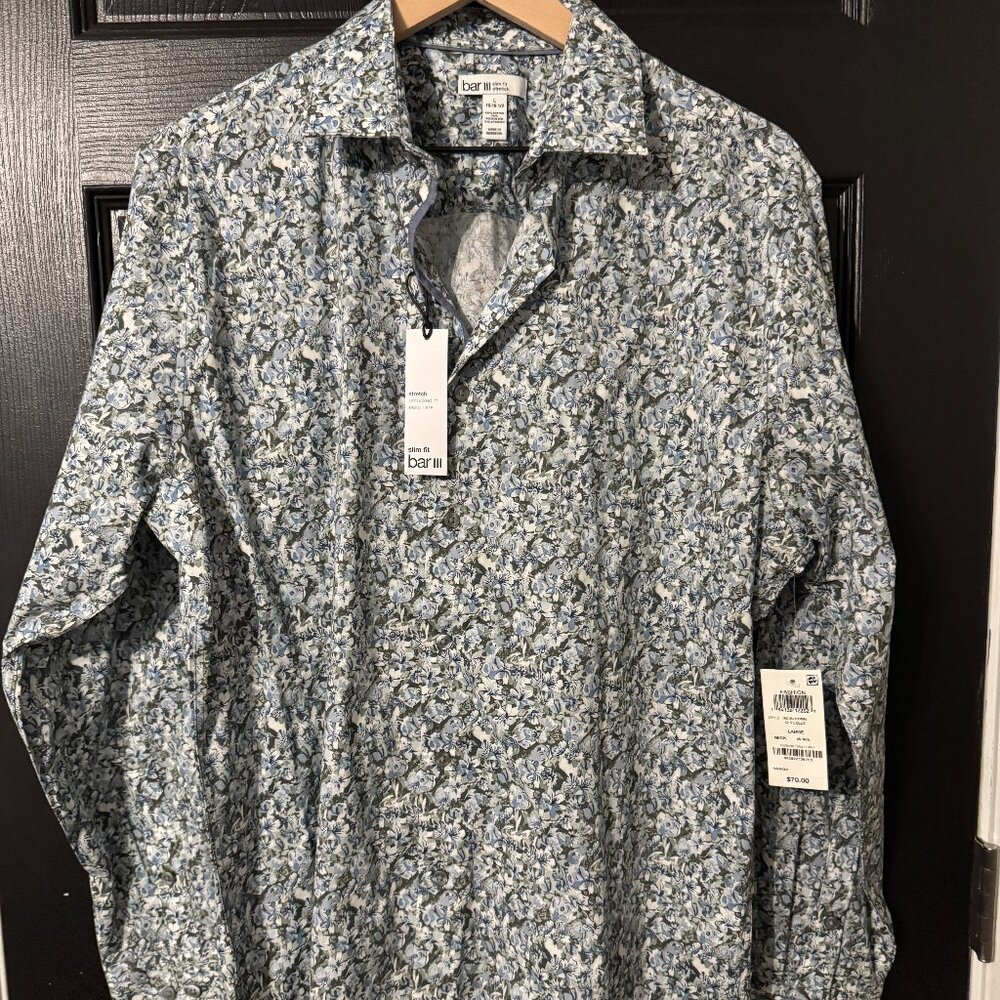 NWT Mens Bar III Long Sleeve Button Down Blue Floral Pattern Slim Fit